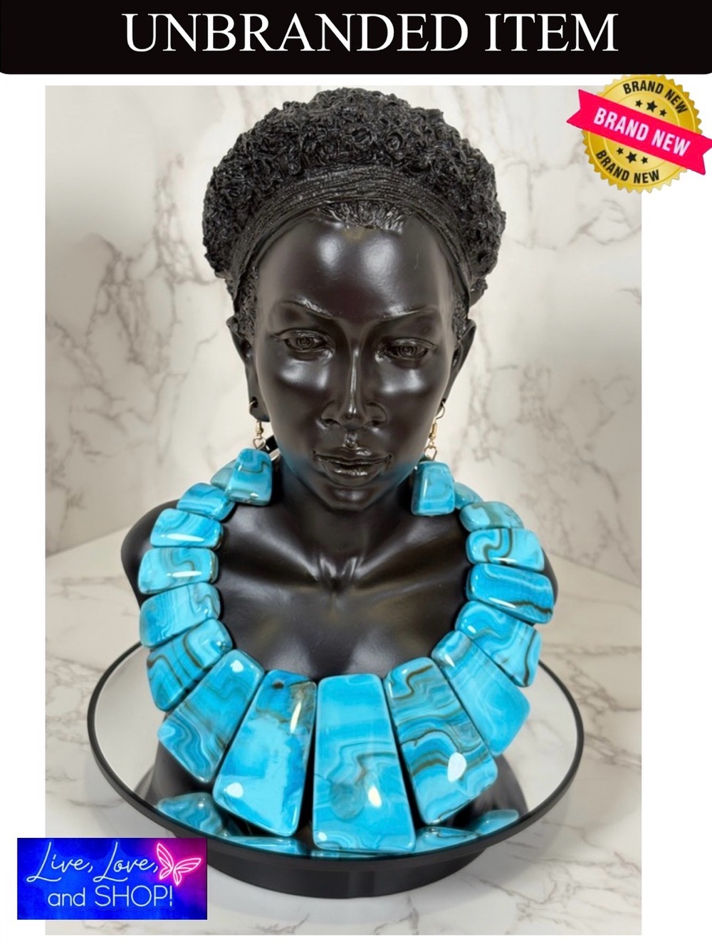 A-1FE: JEWELRY SET: Turquoise-Blue & Black Marble Stone Necklace & Earrings, NIP